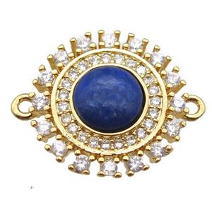 blue Lapis circle connector pave zircon, gold plated, approx 15mm dia