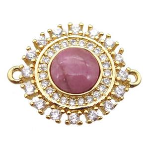 Rhodonite circle connector pave zircon, gold plated, approx 15mm dia