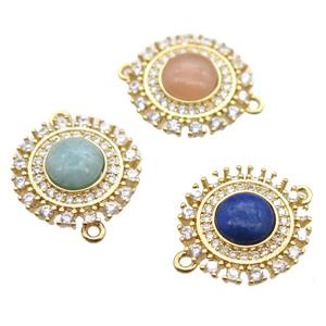 mixed gemstone circle connector pave zircon, gold plated, approx 15mm dia