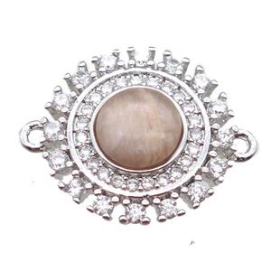 peach moonstone circle connector pave zircon, platinum plated, approx 15mm dia