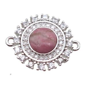 Rhodonite circle connector pave zircon, platinum plated, approx 15mm dia