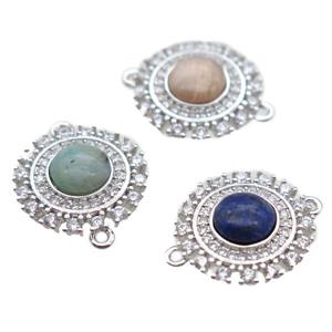 mixed gemstone circle connector pave zircon, platinum plated, approx 15mm dia