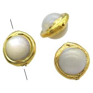 Mother of Pearl beads, round, gold plated, approx 15mm dia