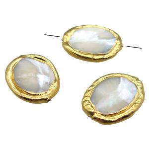 Mother of Pearl beads, oval, gold plated, approx 18-25mm