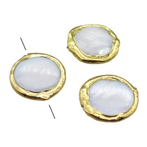 Mother of Pearl beads, circle, gold plated, approx 22mm dia