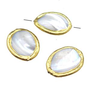 Mother of Pearl beads, oval, gold plated, approx 22-30mm