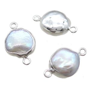natural white pearl connector, freeform, silver plated, approx 12-13mm