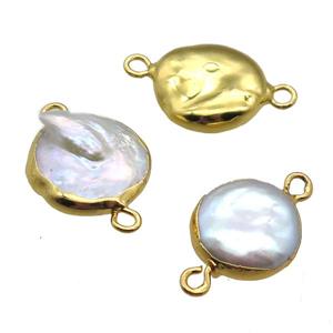 natural pearl connector, freeform, gold plated, approx 12-13mm