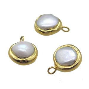 natural pearl pendant, coin, gold plated, approx 14mm