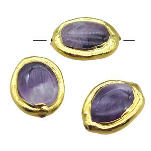 purple Amethyst oval beads, gold plated, approx 14-18mm