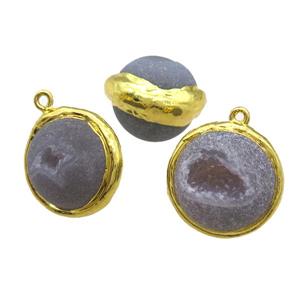round gray Agate Druzy pendant, geode, gold plated, approx 18mm dia