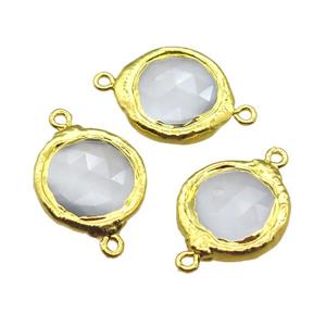 white crystal glass circle connector, gold plated, approx 20mm dia