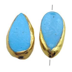 blue Magnesite Turquoise teardrop beads, gold plated, approx 18-34mm