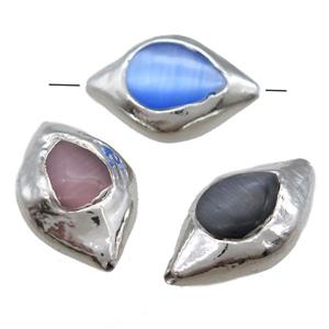 Cats eye stone barrel beads, mixed, silver plated, approx 20-30mm