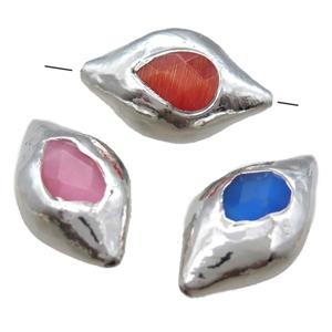 Cats eye stone barrel beads, mixed, silver plated, approx 20-30mm