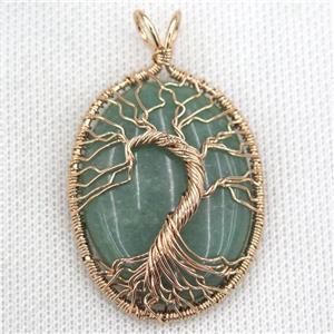 Green Aventurine Oval Pendant Tree Of Life Wire Wrapped Rose Gold, approx 30x40mm