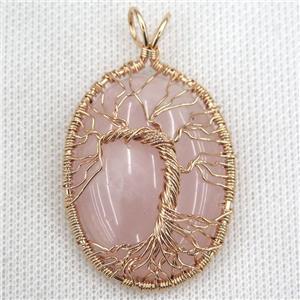 Rose Quartz Oval Pendant Tree Of Life Wire Wrapped Rose Gold, approx 30x40mm