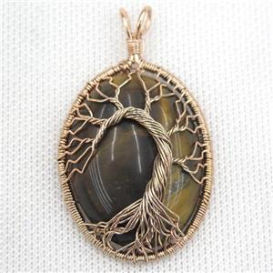 Tiger Eye Stone Oval Pendant Tree Of Life Wire Wrapped Rose Gold, approx 30x40mm