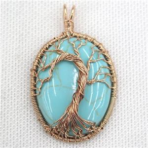 Green Synthetic Turquoise Oval Pendant Tree Of Life Wire Wrapped Rose Gold, approx 30x40mm