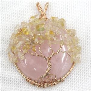 Rose Quartz Coin Pendant With Citrine Chips Tree Of Life Wire Wrapped Rose Gold, approx 40mm dia