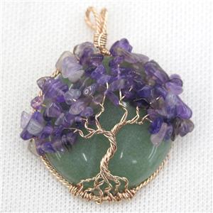 Green Aventurine Coin Pendant With Amethyst Chips Tree Of Life Wire Wrapped Rose Gold, approx 40mm dia