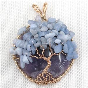 Amethyst Coin Pendant With Aquamarine Chips Tree Of Life Wire Wrapped Rose Gold, approx 40mm dia