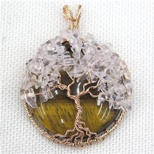 Tiger Eye Stone Coin Pendant With Rose Quartz Chips Tree Of Life Wire Wrapped Rose Gold, approx 40mm dia