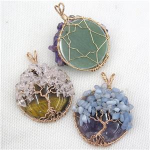 Natural Gemstone Coin Pendant With Gemstone Chips Tree Of Life Wire Wrapped Rose Gold Mixed, approx 40mm dia