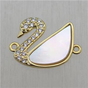 copper Swan connector paved zircon with white pearlized shell, gold plated, approx 16-17mm