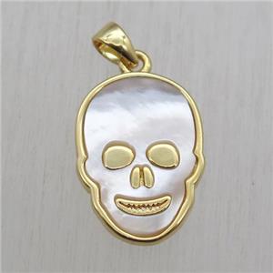 copper skull pendant with white pearlized shell, gold plated, approx 12-17mm