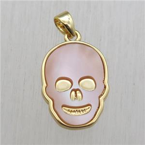 copper skull pendant with white queen shell, gold plated, approx 12-17mm