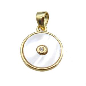 white pearlized Shell circle pendant, gold plated, approx 10mm dia