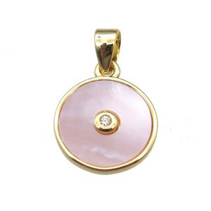 pink Queen Shell circle pendant, gold plated, approx 10mm dia