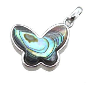 Abalone Shell butterfly pendant, platinum plated, approx 13-16mm