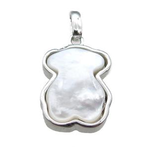 white pearlized Shell bear pendant, platinum plated, approx 12-16mm