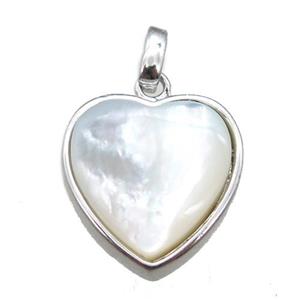 white pearlized Shell heart pendant, platinum plated, approx 15mm