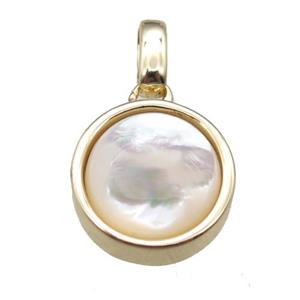 white pearlized Shell circle pendant, gold plated, approx 12mm dia