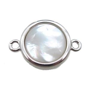 white pearlized Shell circle connector, platinum plated, approx 12mm dia