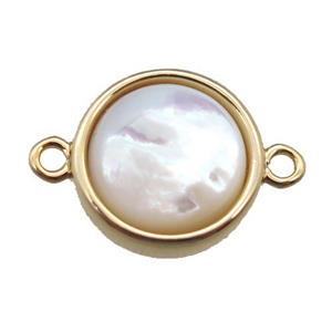 white pearlized Shell circle connector, gold plated, approx 12mm dia