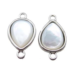 white pearlized Shell teardrop connector, platinum plated, approx 10x12mm