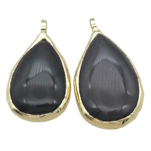 black Agate teardrop pendant, gold plated, approx 30-55mm
