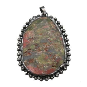 Unakite pendant, black plated, approx 35-50mm