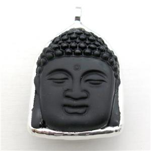 black Obsidian buddha pendant, silver plated, approx 40-50mm