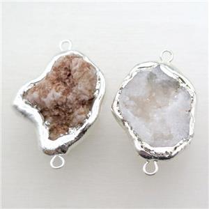 Agate Druzy connector, freeform, silver plated, approx 30-40mm