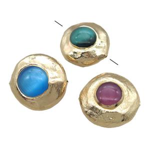 cats eye beads, coin round, gold plated, approx 35mm dia