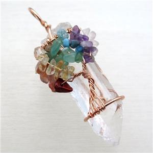Clear Quartz Chakra Pendant Tree Of Life Wire Wrapped Rose Gold, approx 16-60mm