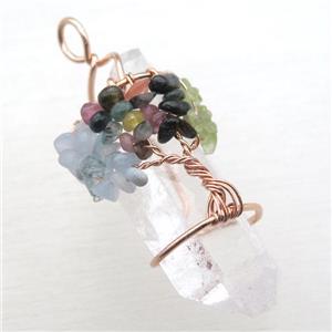 Clear Quartz Chakra Pendant Tree Of Life Wire Wrapped Rose Gold, approx 16-60mm
