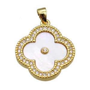 white pearlized shell clover pendant with copper pave zircon, gold plated, approx 18mm dia