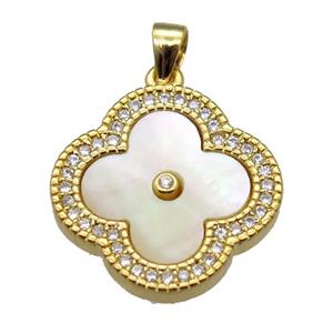 yellow pearlized shell clover pendant with copper pave zircon, gold plated, approx 18mm dia