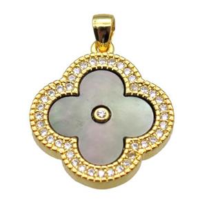 Abalone shell clover pendant with copper pave zircon, gold plated, approx 18mm dia